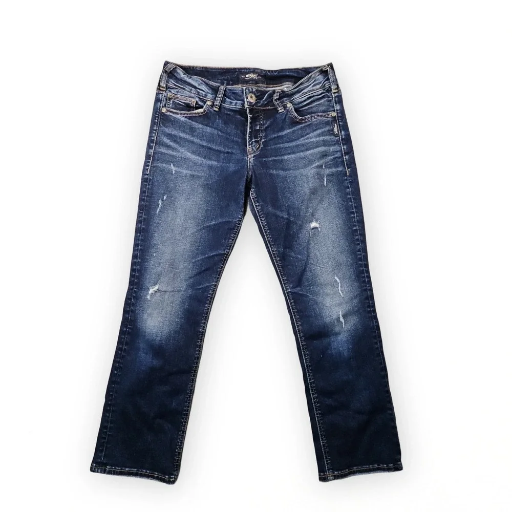 Silver Jeans Suki Capri Womens 31 Blue Denim Western Dark Wash Distressed Faded